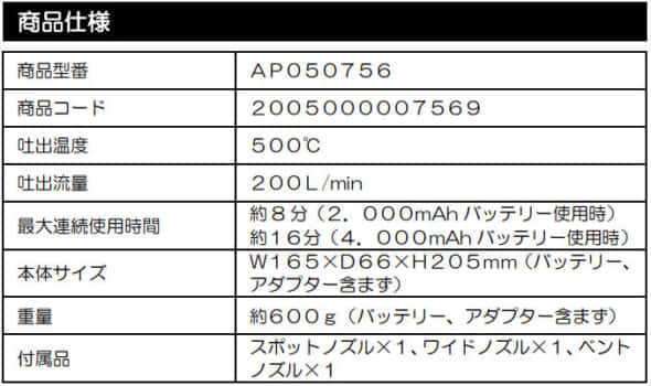 アストロプロダクツ 充電式ヒートガン