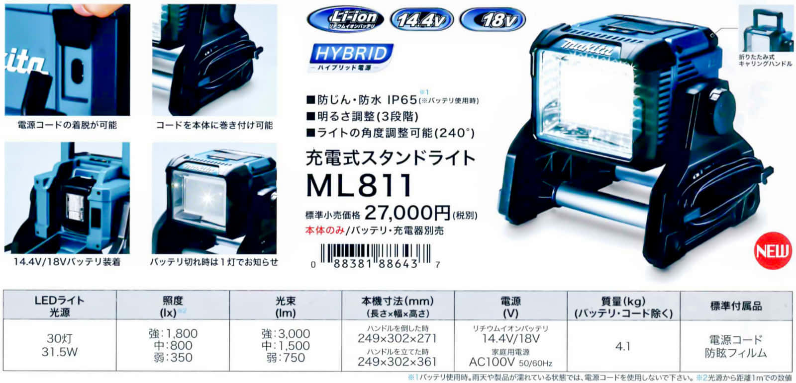 マキタ スタンドライト 14.4V/18Vバッテリ・AC100V両用ML811