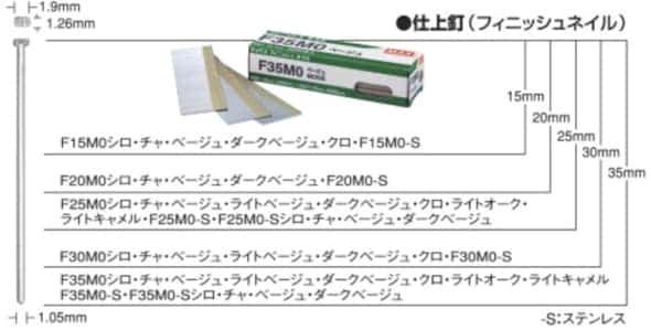 仕上げ釘 フィニッシュネイルのサイズ