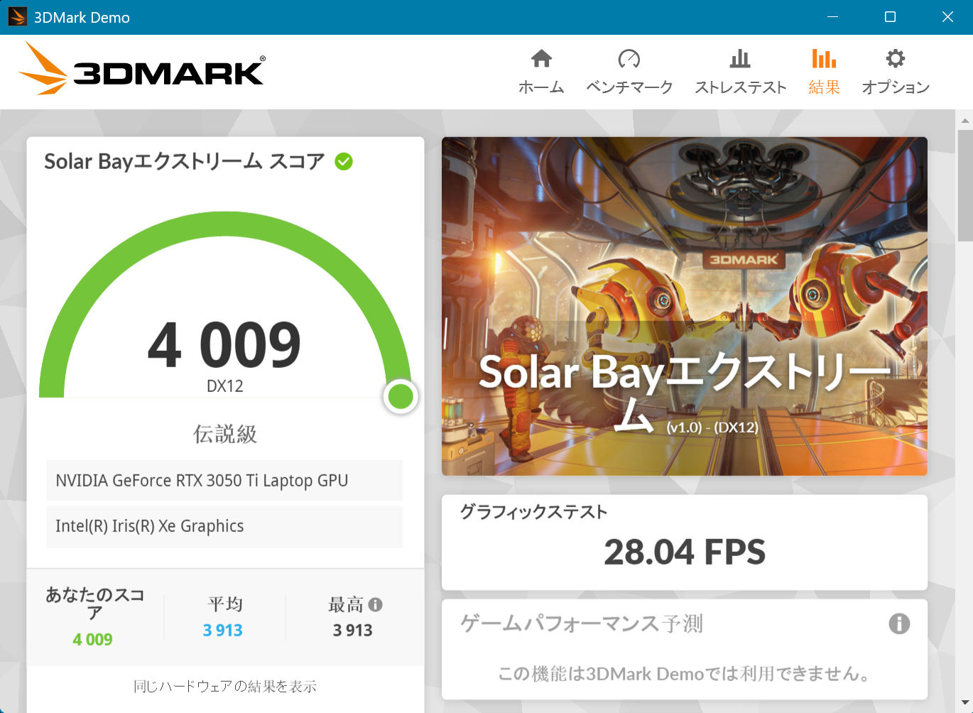 3DMark Solar Bayエクストリームの測定結果画面