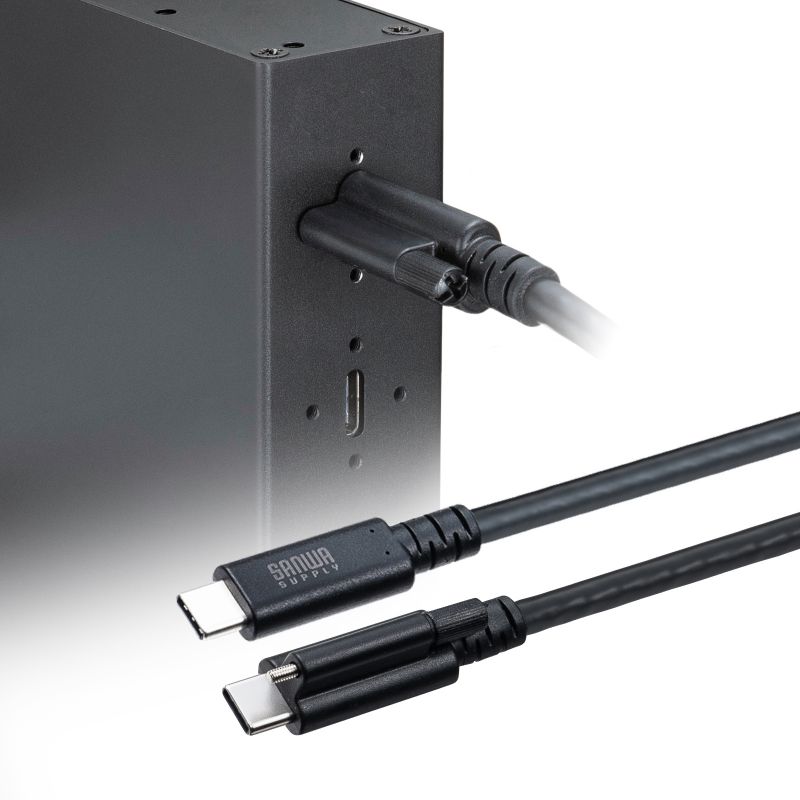 サンワサプライのシングルスクリューロック付きUSB Type-Cケーブル KU-20GCCPESSL10と機器への固定例